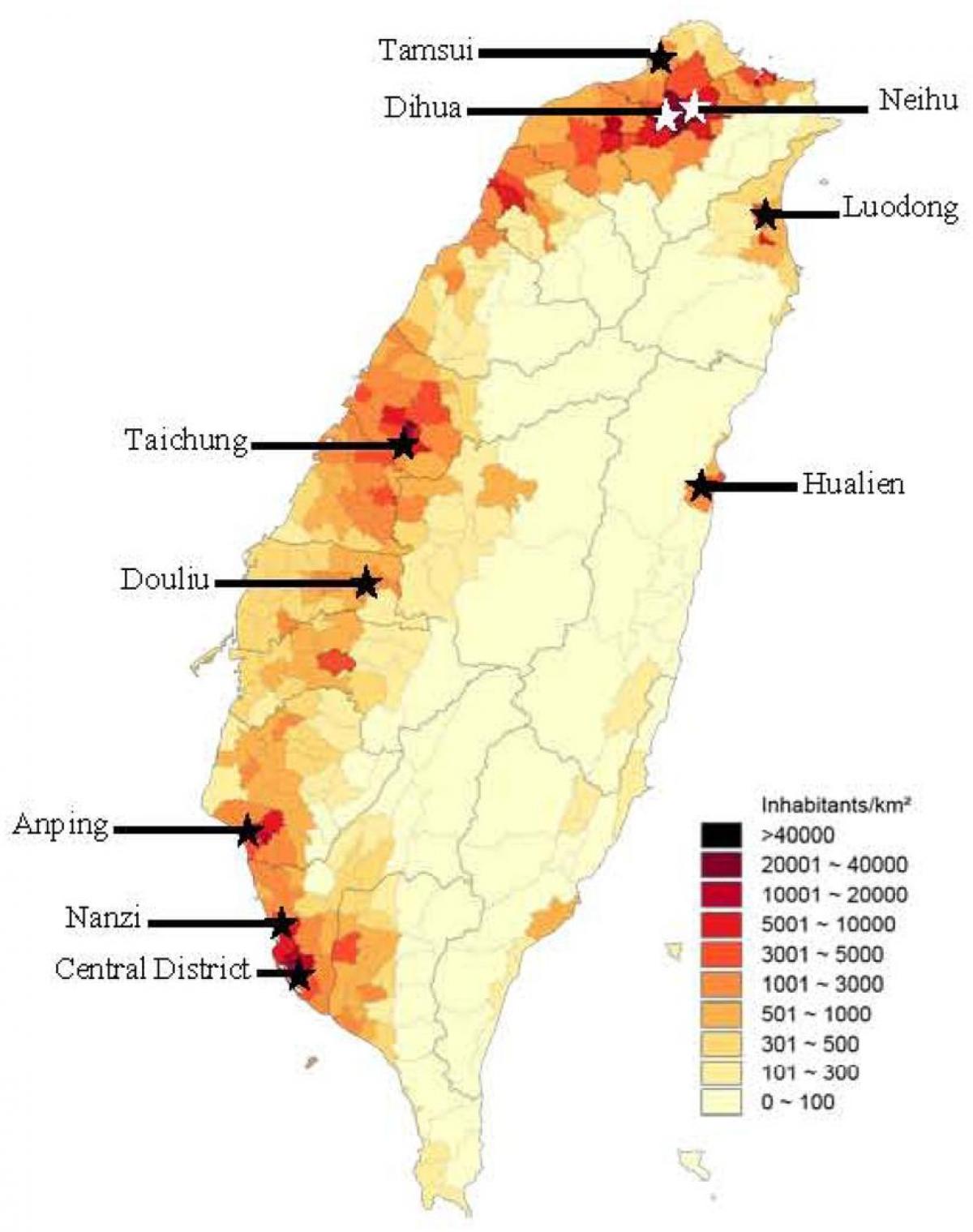 Taiwan hustota obyvateľstva mapu